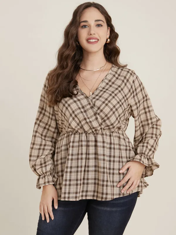 Plaid Lantern Sleeve Surplice Neck Blouse made by Bloomchic