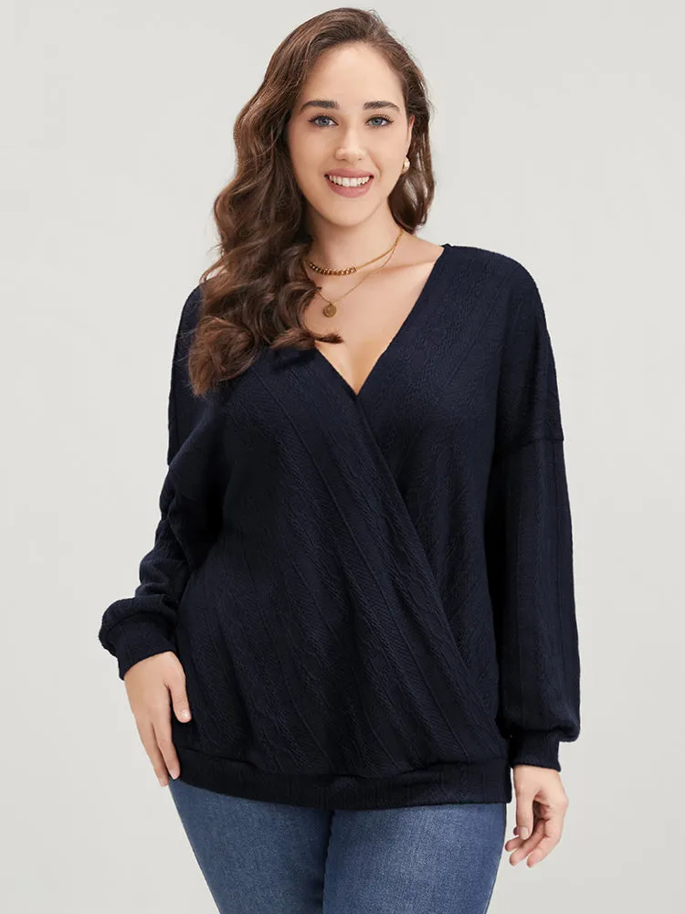 Solid Cable Knit Surplice Neck Drop Shoulder Sweatshirt sold by Bloomchic