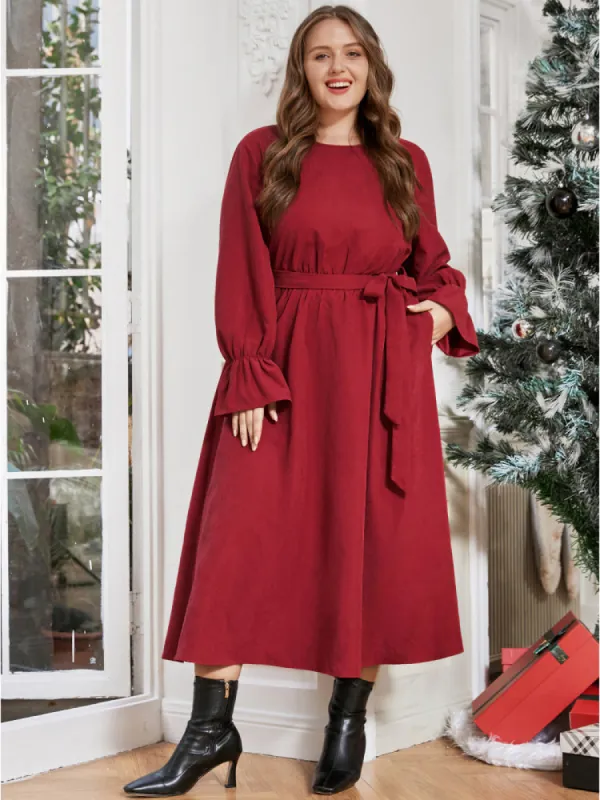 Solid Round Neck Pocket Belted Lantern Sleeve Dress sold by Bloomchic