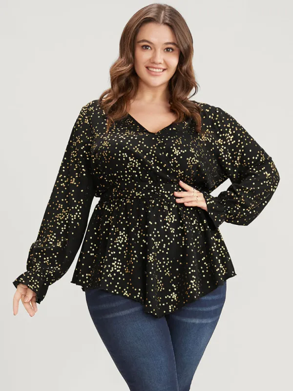 Star Print Lantern Sleeve Asymmetrical Ruffles Hem Wrap Blouse sold by Bloomchic