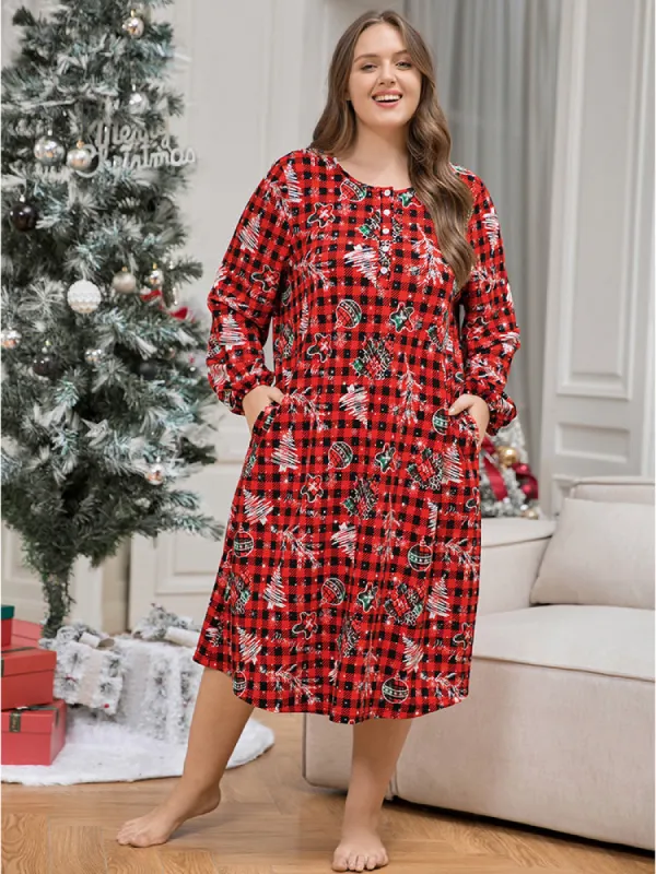 Tree Print Round Neck Pocket Button Up Gingham Night Dress sold by Bloomchic