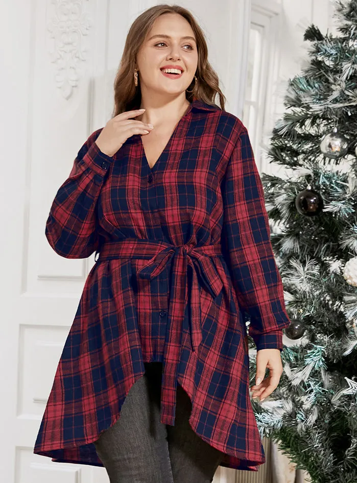 Plaid Button Up Asymmetrical Hem Belted Blouse sold by Bloomchic