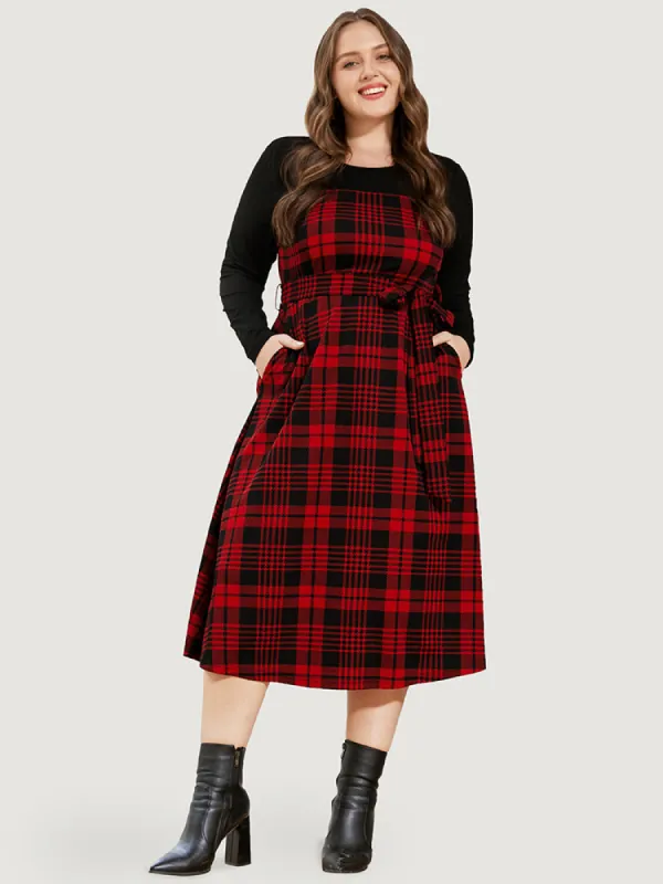 Plaid Patchwork Round Neck Pocket Belted Dress sold by Bloomchic