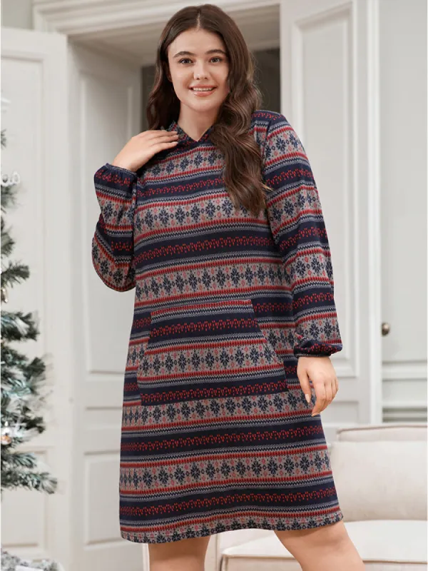 Snowflake Print Pocket Striped Hooded Dress sold by Bloomchic