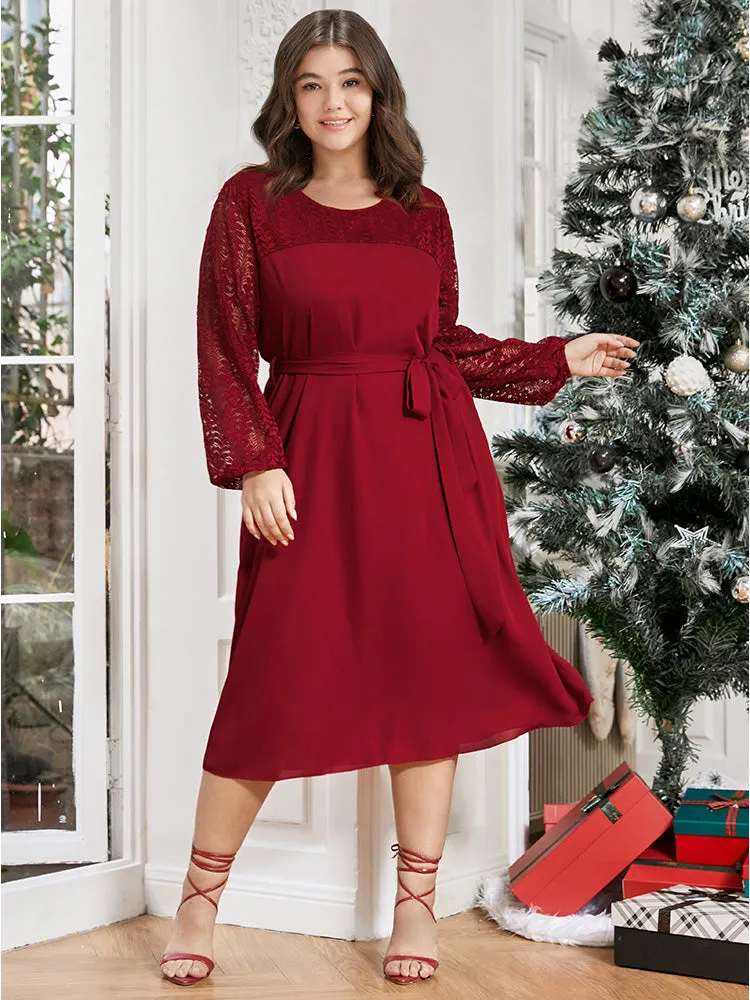 Solid Lantern Sleeve Pocket Belted Contrast Lace Dress sold by Bloomchic product image thumbnail 3