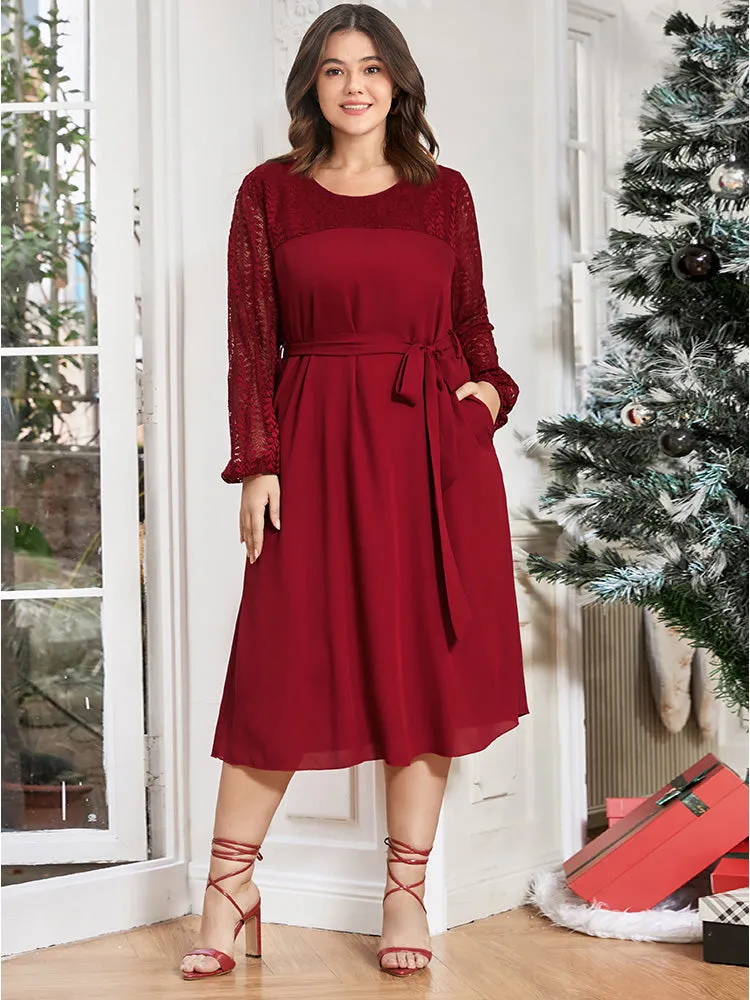 Solid Lantern Sleeve Pocket Belted Contrast Lace Dress sold by Bloomchic product image thumbnail 2