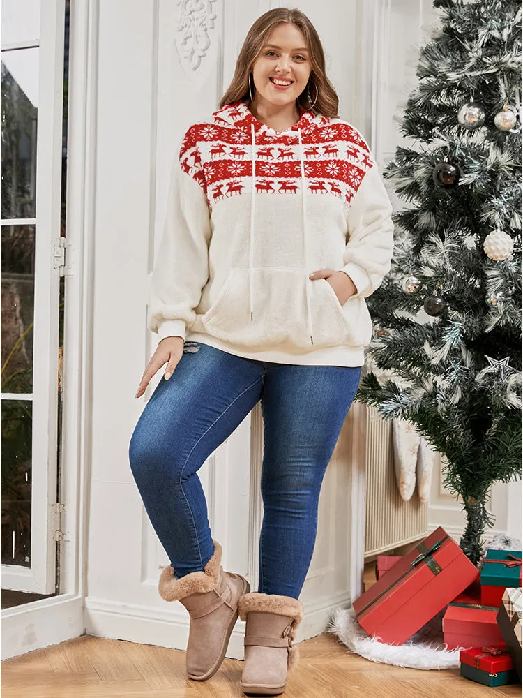 Elk & Snowflake Print Pocket Drawstring Hooded Sweatshirt sold by Bloomchic product image thumbnail 4