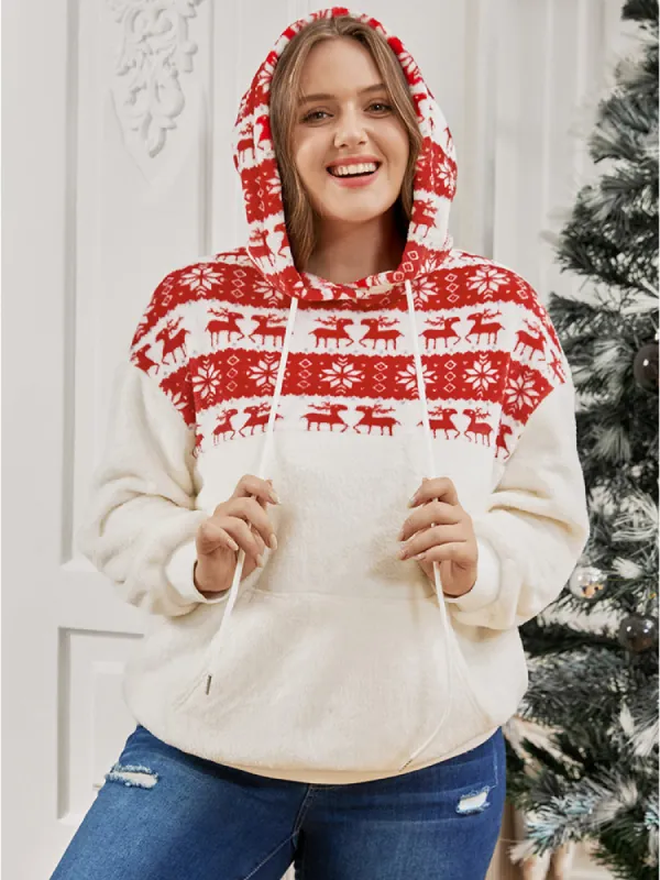 Elk & Snowflake Print Pocket Drawstring Hooded Sweatshirt sold by Bloomchic
