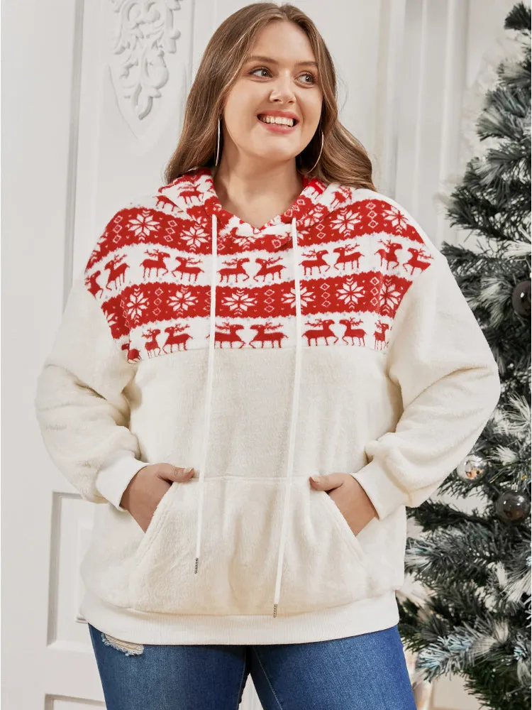 Elk & Snowflake Print Pocket Drawstring Hooded Sweatshirt sold by Bloomchic product image thumbnail 2