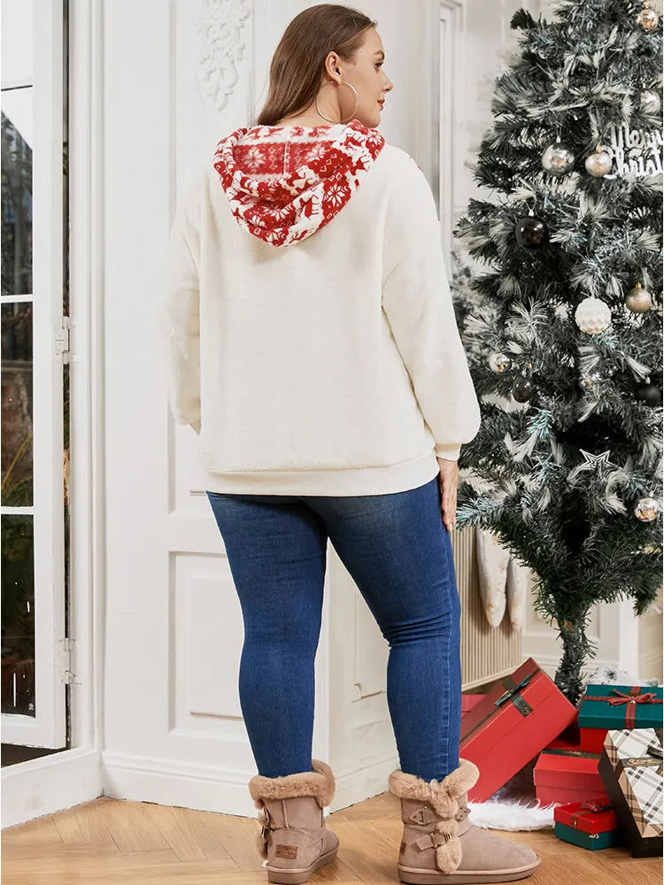 Elk & Snowflake Print Pocket Drawstring Hooded Sweatshirt sold by Bloomchic product image thumbnail 3