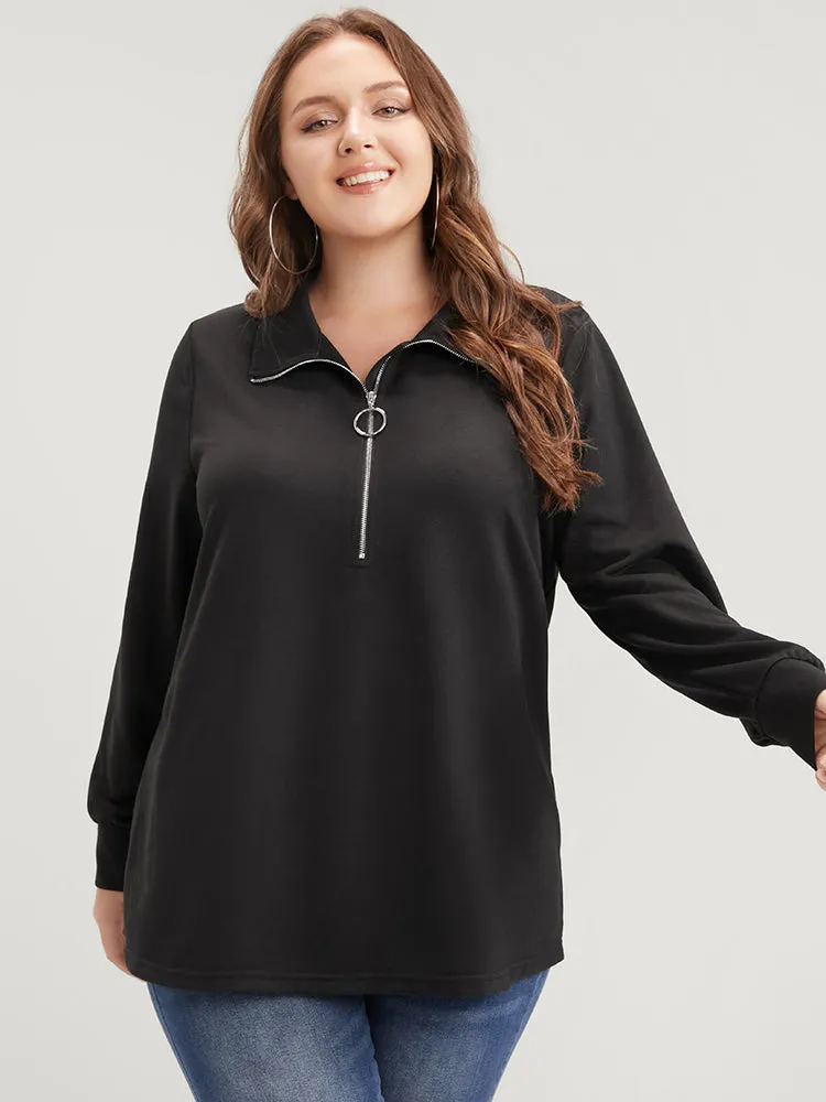 Solid O Ring Zipper Drop Shoulder Sweatshirt sold by Bloomchic