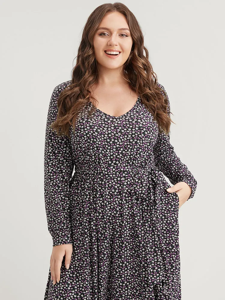 Ditsy Floral Pocket Pocket Belted Asymmetrical Hem Dress sold by Bloomchic product image thumbnail 3