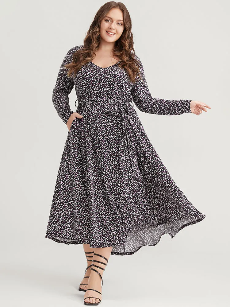 Ditsy Floral Pocket Pocket Belted Asymmetrical Hem Dress sold by Bloomchic