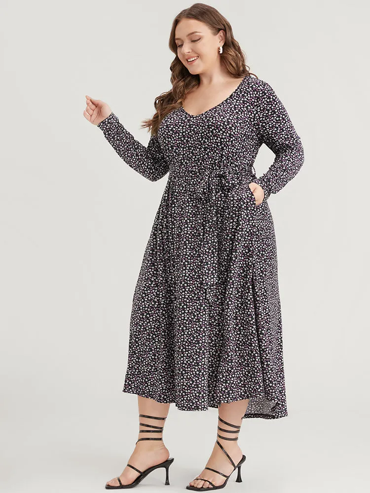 Ditsy Floral Pocket Pocket Belted Asymmetrical Hem Dress sold by Bloomchic product image thumbnail 2