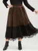 Colorblock Contrast Elastic Waist Lace Hem Velvet Pleated Skirt sold by Bloomchic