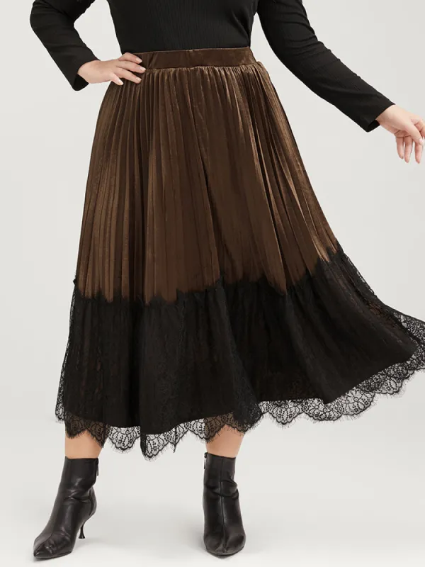 Colorblock Contrast Elastic Waist Lace Hem Velvet Pleated Skirt sold by Bloomchic