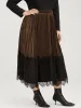Colorblock Contrast Elastic Waist Lace Hem Velvet Pleated Skirt sold by Bloomchic
