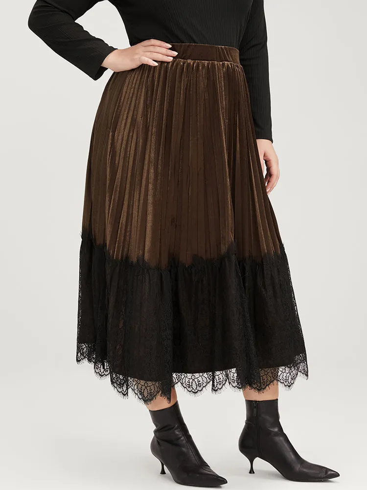 Colorblock Contrast Elastic Waist Lace Hem Velvet Pleated Skirt sold by Bloomchic product image thumbnail 5