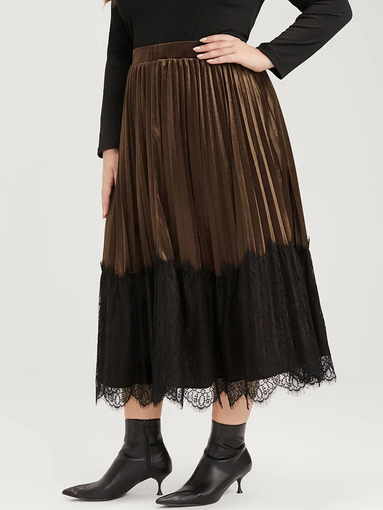 Colorblock Contrast Elastic Waist Lace Hem Velvet Pleated Skirt sold by Bloomchic product image thumbnail 3