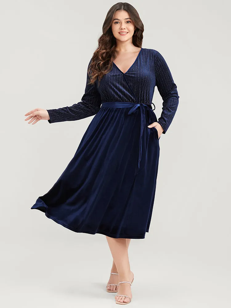 Glitter Striped Patchwork Surplice Neck Pocket Belted Velvet Dress sold by Bloomchic product image thumbnail 4