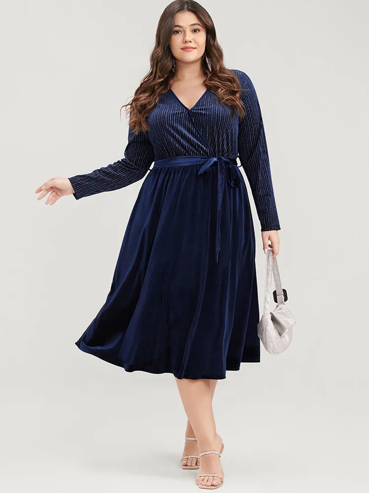 Glitter Striped Patchwork Surplice Neck Pocket Belted Velvet Dress sold by Bloomchic