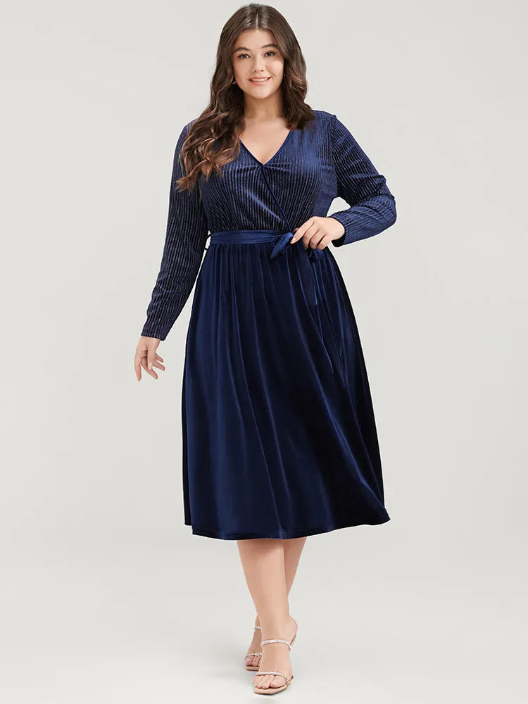 Glitter Striped Patchwork Surplice Neck Pocket Belted Velvet Dress sold by Bloomchic product image thumbnail 5