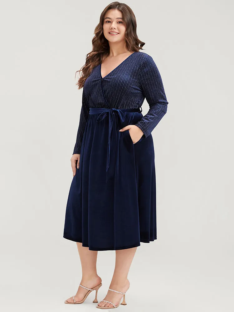 Glitter Striped Patchwork Surplice Neck Pocket Belted Velvet Dress sold by Bloomchic product image thumbnail 3