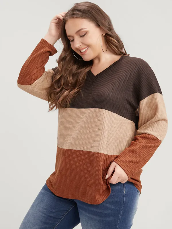 Colorblock Contrast V Neck Waffle Knit Long Tee sold by Bloomchic