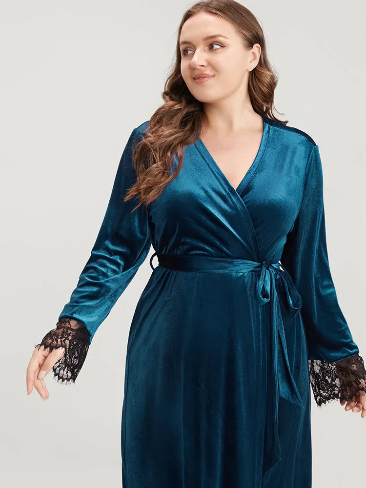 Solid Lace Trim Belted Wrap Velvet Midi Dress sold by Bloomchic product image thumbnail 5