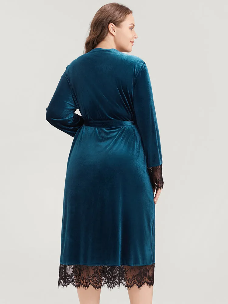 Solid Lace Trim Belted Wrap Velvet Midi Dress sold by Bloomchic product image thumbnail 2