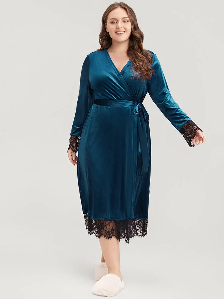 Solid Lace Trim Belted Wrap Velvet Midi Dress sold by Bloomchic product image thumbnail 4