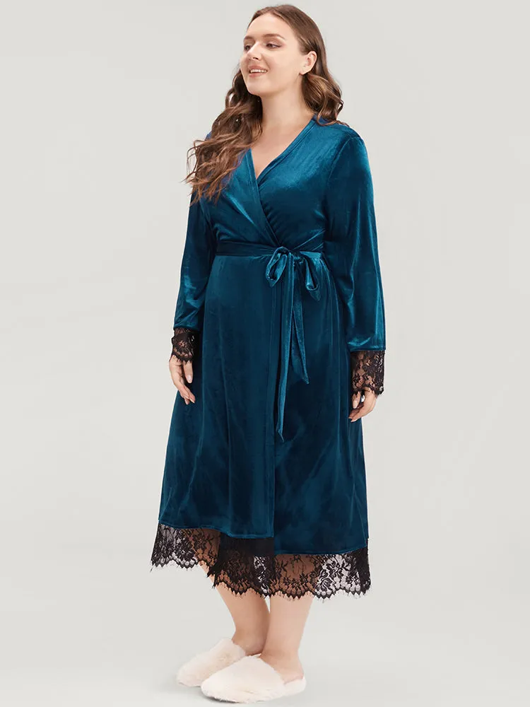 Solid Lace Trim Belted Wrap Velvet Midi Dress sold by Bloomchic product image thumbnail 3