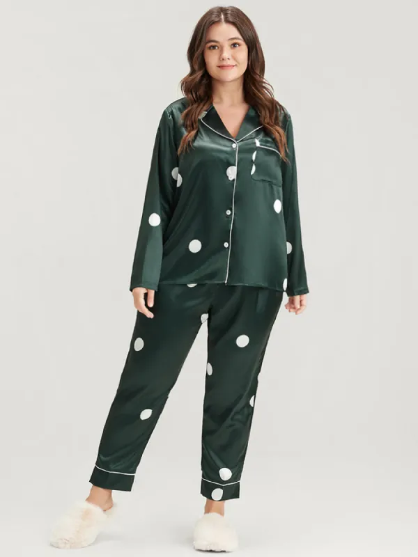 Polka Dot Contrast Trim Pocket Satin Pajama Set sold by Bloomchic