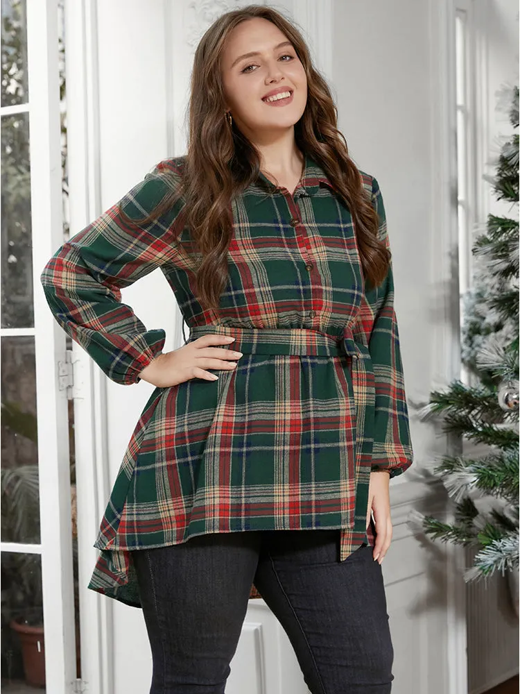 Plaid Shirt Collar Button Belted High Low Hem Blouse sold by Bloomchic product image thumbnail 4