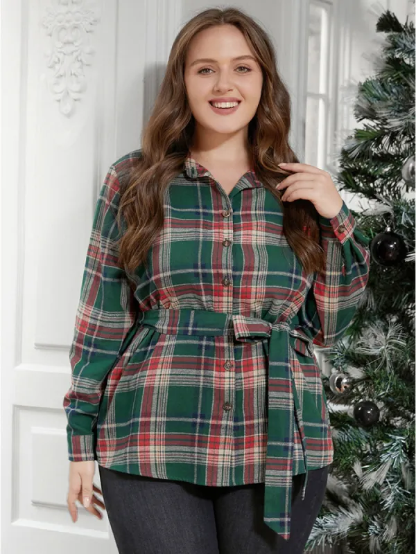 Plaid Button Up Belted Blouse sold by Bloomchic
