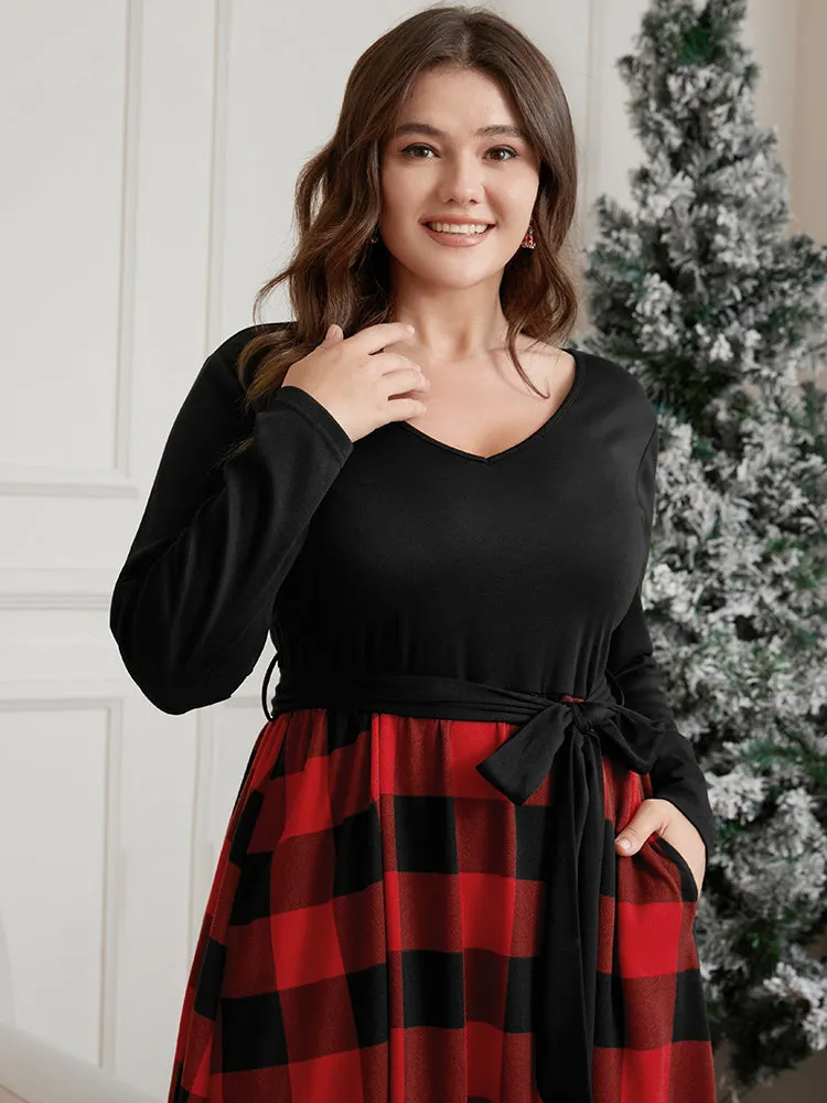 Solid Patchwork Pocket Belted Plaid Dress sold by Bloomchic product image thumbnail 3