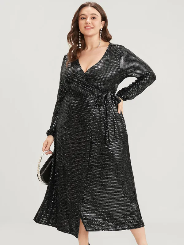 Solid Sequin Knotted Side Wrap Lantern Sleeve Dress sold by Bloomchic