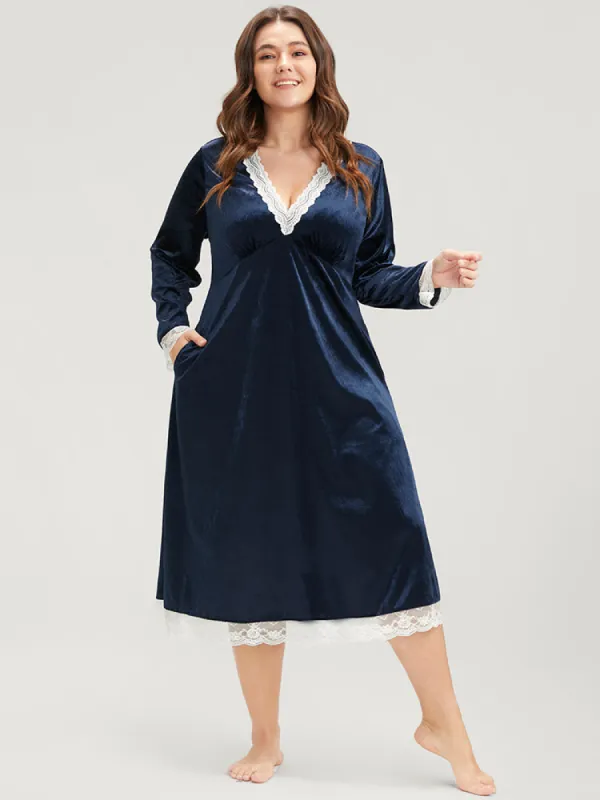 Solid Lace Trim Pocket Velvet Night Dress sold by Bloomchic