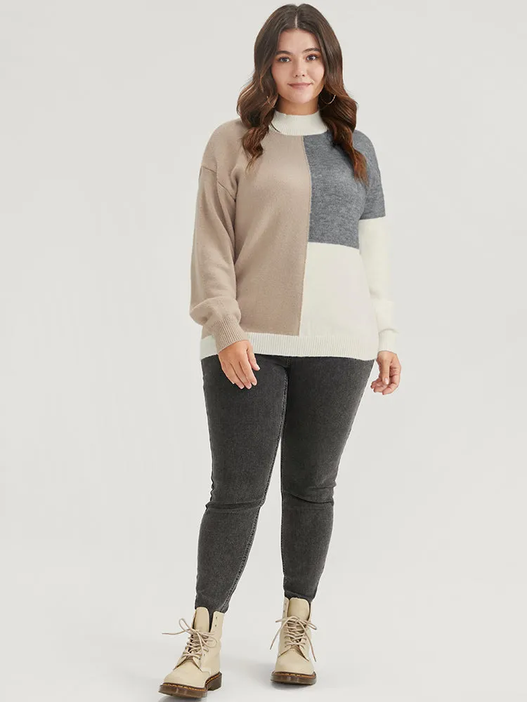 Colorblock Contrast Pointelle Knit Heather Mock Neck Knit Top sold by Bloomchic product image thumbnail 4