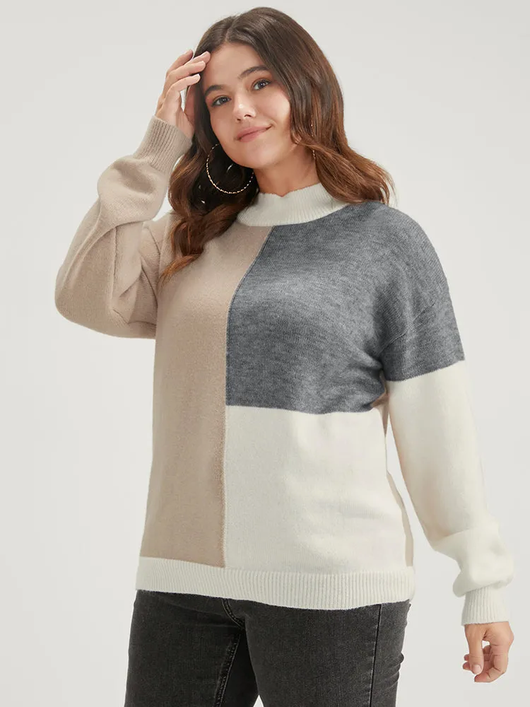Colorblock Contrast Pointelle Knit Heather Mock Neck Knit Top sold by Bloomchic