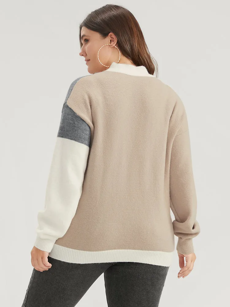 Colorblock Contrast Pointelle Knit Heather Mock Neck Knit Top sold by Bloomchic product image thumbnail 5