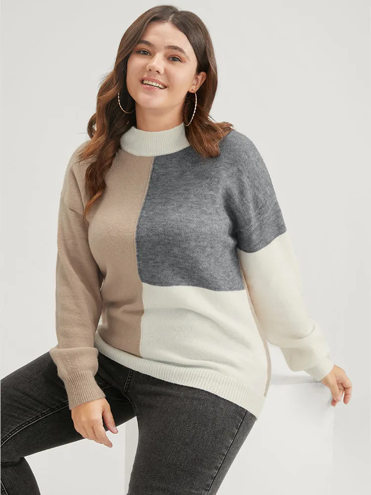 Colorblock Contrast Pointelle Knit Heather Mock Neck Knit Top sold by Bloomchic product image thumbnail 2