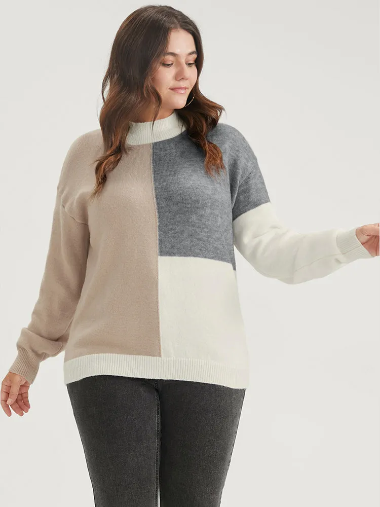 Colorblock Contrast Pointelle Knit Heather Mock Neck Knit Top sold by Bloomchic product image thumbnail 3