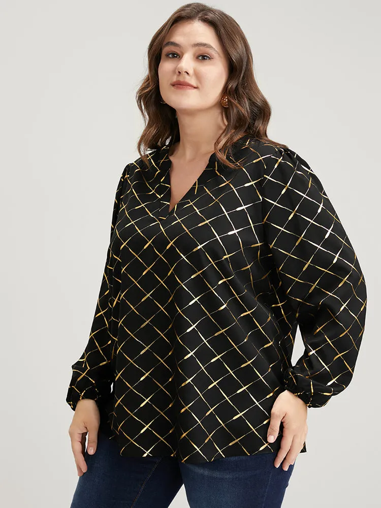Argyle Print V Neck Lantern Sleeve Blouse sold by Bloomchic