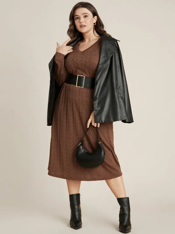 Solid V Neck Cable Knit Pocket Textured Dress Without Belt sold by Bloomchic