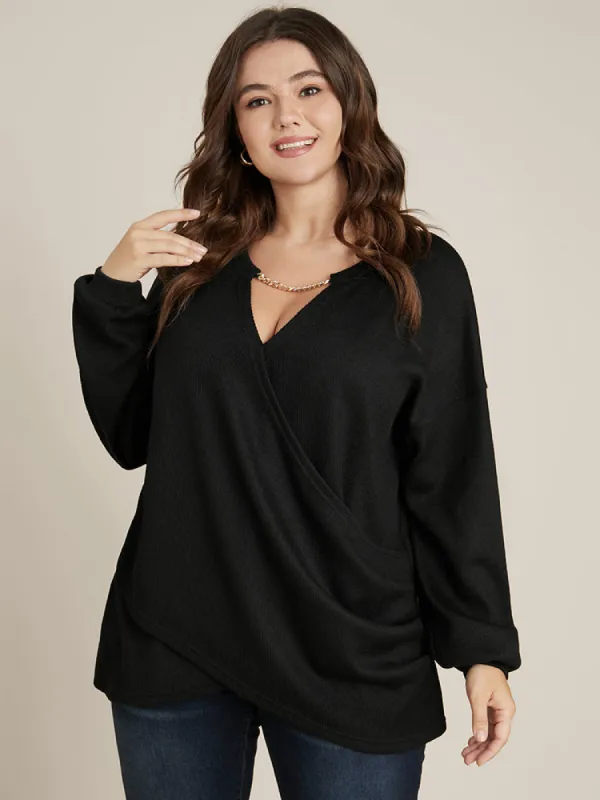 Solid Chain Neck Rib Knit Crossover Long Tee sold by Bloomchic