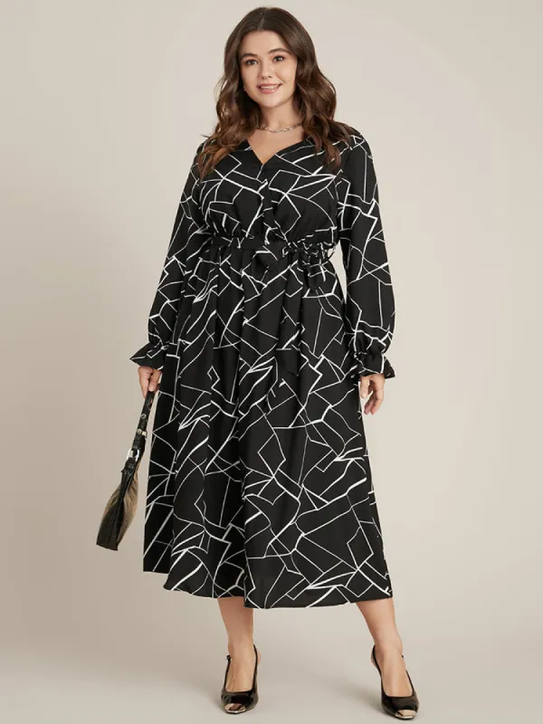 Geometric Pocket Lantern Sleeve Wrap Belted Dress sold by Bloomchic
