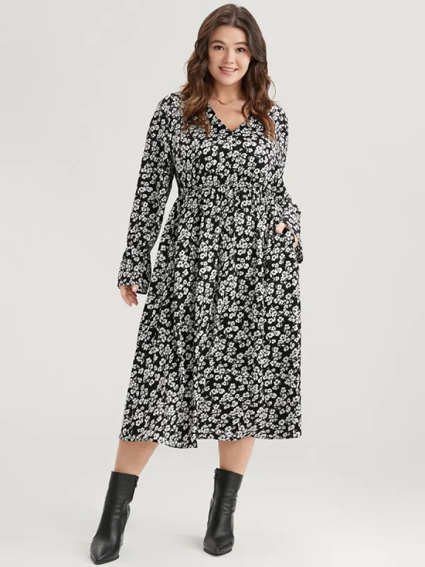 Floral V Neck Pocket Flutter Hem Dress sold by Bloomchic