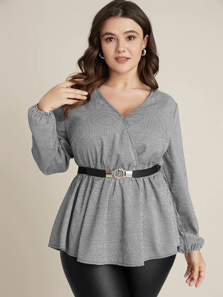 Houndstooth Lantern Sleeve Wrap Blouse Without Belt sold by Bloomchic product image thumbnail 2