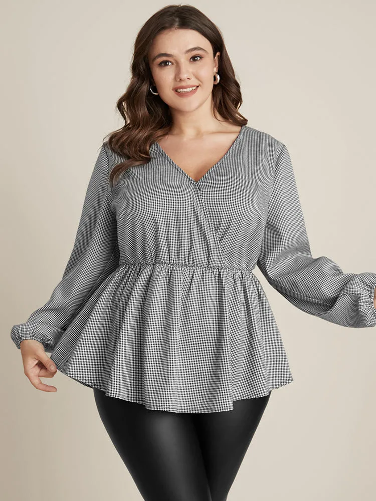 Houndstooth Lantern Sleeve Wrap Blouse Without Belt sold by Bloomchic